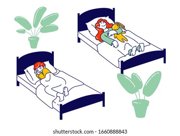 Afternoon Nap Time, Little Kids Sleeping In Their Beds In Montessori Kindergarten Or Elementary School. Kids Rest And Relaxing, Snooze And Kip In Bedchamber. Cartoon Flat Vector Illustration, Line Art