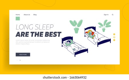 Afternoon Nap Time Website Landing Page. Little Kids Sleeping In Kindergarten Or Elementary School. Kids Resting And Relaxing, Snooze Web Page Banner. Cartoon Flat Vector Illustration, Line Art