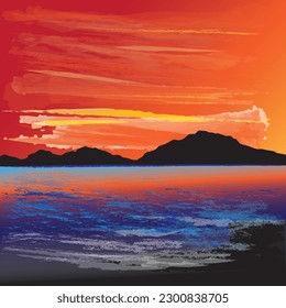 afternoon orange ocean and sky paintbrush digital art shape colorful design wallpaper EPS 10
