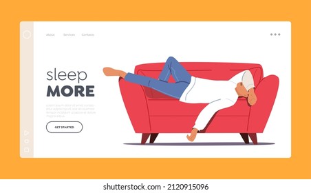 Afternoon Slump Landing Page Template. Laziness, Procrastination Postpone, Boredom or Sleepy Work, Male Character Sleeping Lay Down on Sofa Cover His Face With Hand. Cartoon People Vector Illustration