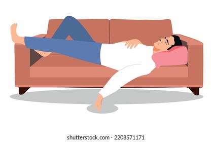 Afternoon Slump, Laziness and Procrastination Postpone, Boredom and Sleepy Work Concept, Male Character Sleeping Lay Down on Sofa Cover His Face With Hand. Cartoon People Vector Illustration.