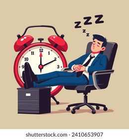 Afternoon slump, laziness and procrastination postpone work to do later, boredom and sleepy work concept, businessman sleeping lay down on office chair and alarm clock