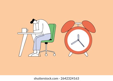 Afternoon Slump and Procrastination Concept Art Lazy Businessman Sleeping at Work with Alarm Clock and Book on Face Art
