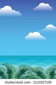 Afternoon summer sky and ocean wave background with coconut leaves.