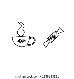 Afternoon tea and breakfast doodles. Chocolates, a cup of tea. Black and white illustration. Vintage hand drawn engraving style.Vector illustration.