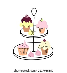 Afternoon tea with cakes, doodle sketch hand drawn vector design.