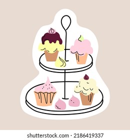 Afternoon tea with cakes, stiker doodle sketch hand drawn vector design.