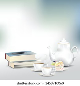 Afternoon tea or coffee set with books pile on table. Tea or coffee cup with teapot, cupcakes in plate and fountain pen on pile of books on the white table. Vector illustration.