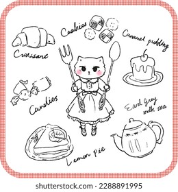 AFTERNOON TEA dessert set of cartoon  Persian cat LADY Line Art hand drawing