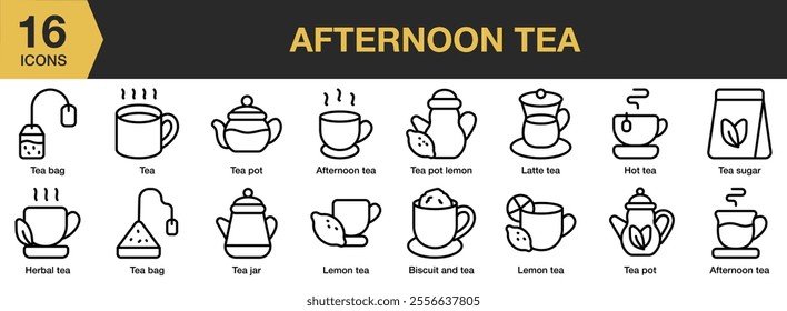 Afternoon Tea icon set. Includes tea pot, hot tea, latte, lemon, bisquit, sugar, tea jar, and More. Outline icons vector collection.