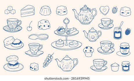 Afternoon tea illustrations with teapots, cups, pastries, and sweets in vintage blue line art