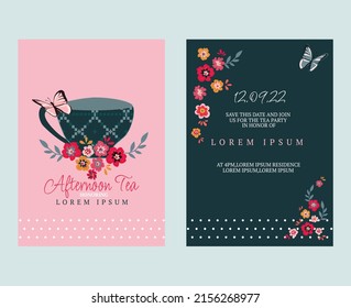 Carta de invitación al té por la tarde con taza de té, colorido floral y linda mariposa