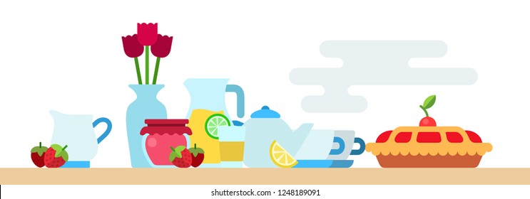 Afternoon tea party with biscuit, hot tea pot, jam jar, limonade, flowers vase and berries vector flat icon isolated on white