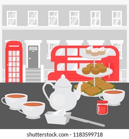 Afternoon Tea Party In London, Tray With Home Baked Scones, Sandwiches And Supcakes. Devonshire Cream Tea In British Cafe. Red Tourist Double Decker Sightseeing Bus And Phone Booth Vector