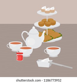 Afternoon Tea party, Tray with Home baked scones, sandwiches and supcakes. Strawberry jam and clotted cream. Devonshire cream tea vector illustration