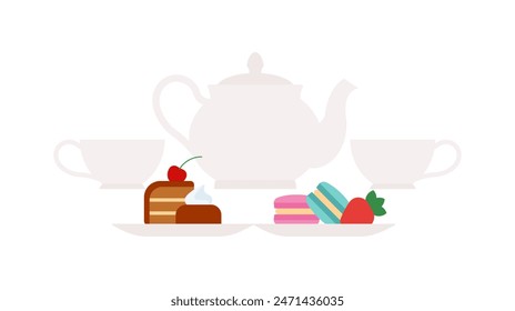 Afternoon tea. Porcelain tea set - cups, teapot, sweets and pastry. Tea time concept. Decorative tableware, hot drink and confectionary. Simple and quit illustration. Flat vector, isolated