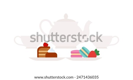 Afternoon tea. Porcelain tea set - cups, teapot, sweets and pastry. Tea time concept. Decorative tableware, hot drink and confectionary. Simple and quit illustration. Flat vector, isolated