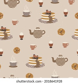 Afternoon tea seamless pattern. Bakery and pastry vector illustration with abstract shapes. Pattern background for wrapping paper, fabric, print, and textile. 