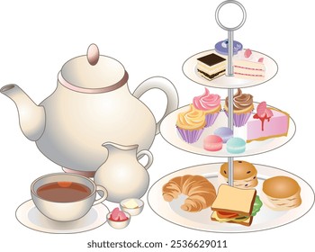 Afternoon Tea Set - 3-stufiger Petit Four Stand mit Erdbeertorte, Blaubeertorte, CupCakes, Macaron, Erdbeertorte, Croissant, Muffin, Sandwich. Teekanne, Milchkanne und Teetassenset. Butter und Marmelade.