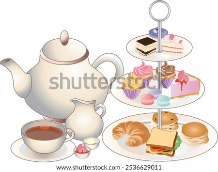 Afternoon Tea Set - 3-Tier Petit four Stand with Strawberry Cake, Blueberry Cake, CupCakes, Macaron, Strawberry Tart, Croissant, Muffin, Sandwich. Tea Pot, Milk Pot and Tea Cup Set. Butter and jam.