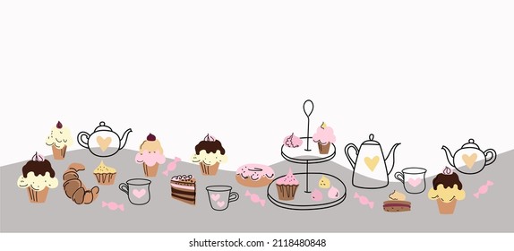 Afternoon tea set with cakes, doodle sketch hand drawn vector design. svg