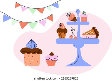 Afternoon tea set with cakes, doodle sketch hand drawn vector design.