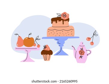 Afternoon tea set with cakes, doodle sketch hand drawn vector design