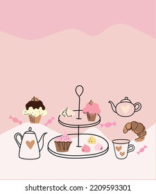 Afternoon tea set with cakes, doodle sketch hand drawn vector design.