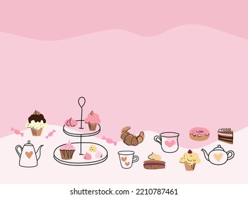 Afternoon tea set with cakes, doodle sketch hand drawn vector design.