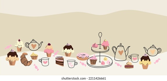 Afternoon tea set with cakes, doodle sketch hand drawn vector design.