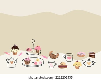 Set de té de la tarde con pasteles, boceto de dibujos a mano de diseño vectorial dibujado a mano.