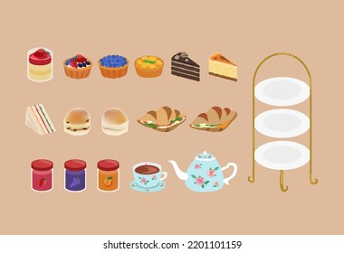 Afternoon Tea Set With Lots Of Cakes, Croissant, Pudding, Fruit Pie And  Sandwich. Cafe Menu, Tea Time Elements. Tea Party Invitation, Feast Engagement, Poster. Flat Concept Background.