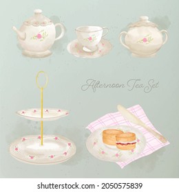 Afternoon tea set watercolor digital painting