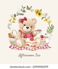 afternoon tea slogan with bear doll picnic in floral arch vector illustration