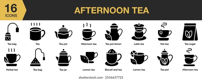 Afternoon Tea solid icon set. Includes tea pot, hot tea, latte, lemon, bisquit, sugar, tea jar, and More. Solid icons vector collection.