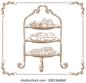 Afternoon tea stand with cakes and sandwiches. Vector illustration.