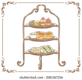 Afternoon Tea Stand With Cakes And Sandwiches. Vector Illustration.