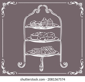 Afternoon tea stand with cakes and sandwiches. Vector illustration.