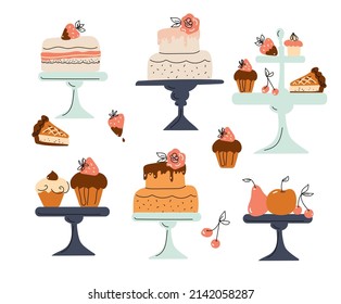 Afternoon tea Stand set with cakes, coffee house icons of desserts