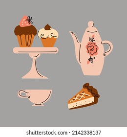 Afternoon tea Stand set with cakes, coffee house icons of chocolate desserts