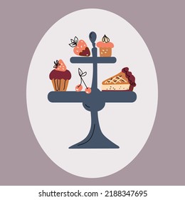 Afternoon tea Stand set with cakes, coffee house icons of desserts