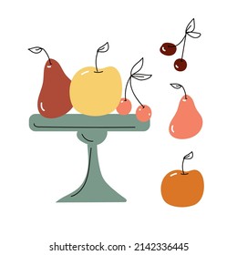 Afternoon tea Stand set with fruits, summer party menu icons, hand drawn vector art.