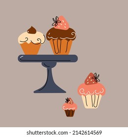 Afternoon tea Stand set with lcakes, coffee house icons of desserts