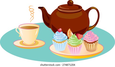 Afternoon tea with sugar iced cupcakes and a hot refreshing cup of tea