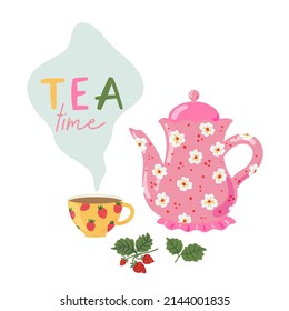 Afternoon tea time card. Tea cup and teapot vector illustration. Porcelain crockery with tea time phrase isolated on white background. Decorative dishware with hot drink. English breakfast beverage.
