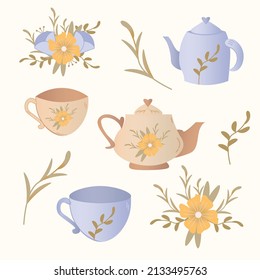Afternoon tea time. Hand-drawn vector set of cups and kettles.