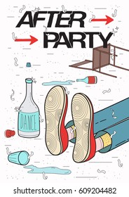 Afterparty placard. Drunk, tired guy asleep, resting of drinking. Funny party poster. Colorful Illustration.