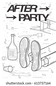 Afterparty placard. Drunk, tired guy asleep, resting of drinking. Funny party poster. Contour black and white illustration.
