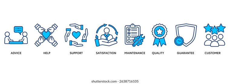 After-sales service icon set vector illustration concept relate to advice, help, support, satisfaction, maintenance, quality, guarantee, customer