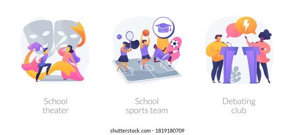 After-school activity abstract concept vector illustration set. School theater, sports team, debating club, kids drama class, speaking class, communication skill, workshop abstract metaphor. svg